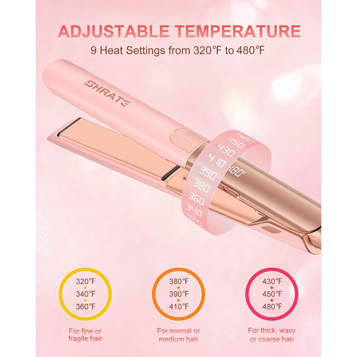 SHRATE Flat Iron Hair Straightener features 9 heat settings from 320°F to 480°F for customizable styling options.