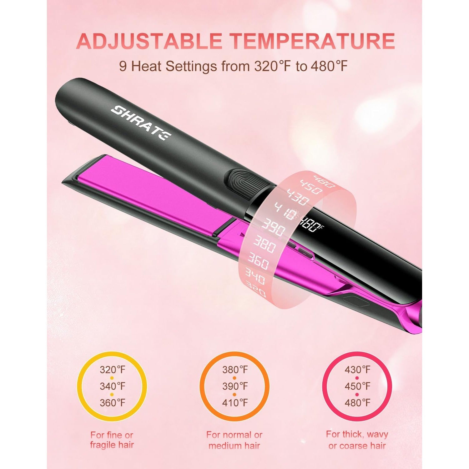 SHRATE 2-inch flat iron with adjustable temperature settings from 320°F to 480°F, designed for various hair types.