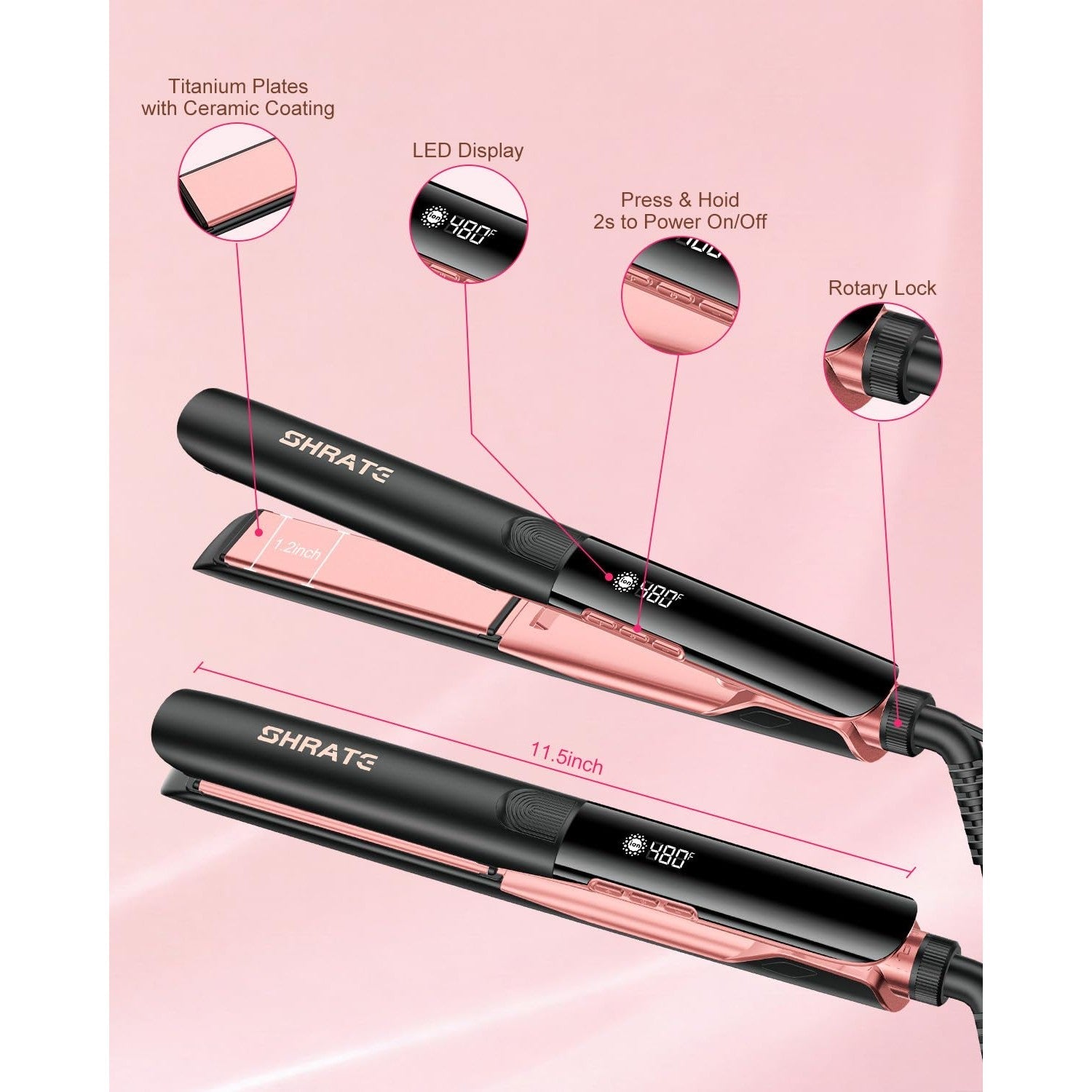 SHRATE Flat Iron features titanium plates, LED display, and ceramic coating for sleek styling. Verified by CuratCart.