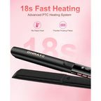 SHRATE Flat Iron Hair Straightener, features quick 18s heat up, advanced PTC system, and flexible plates for effortless styling.