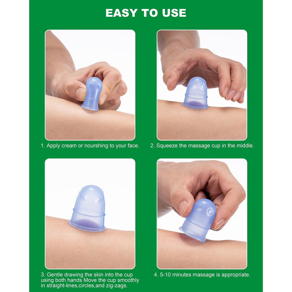 High-quality silicone cupping therapy set demonstrating easy application steps. Available at Curat Cart for effective skincare.