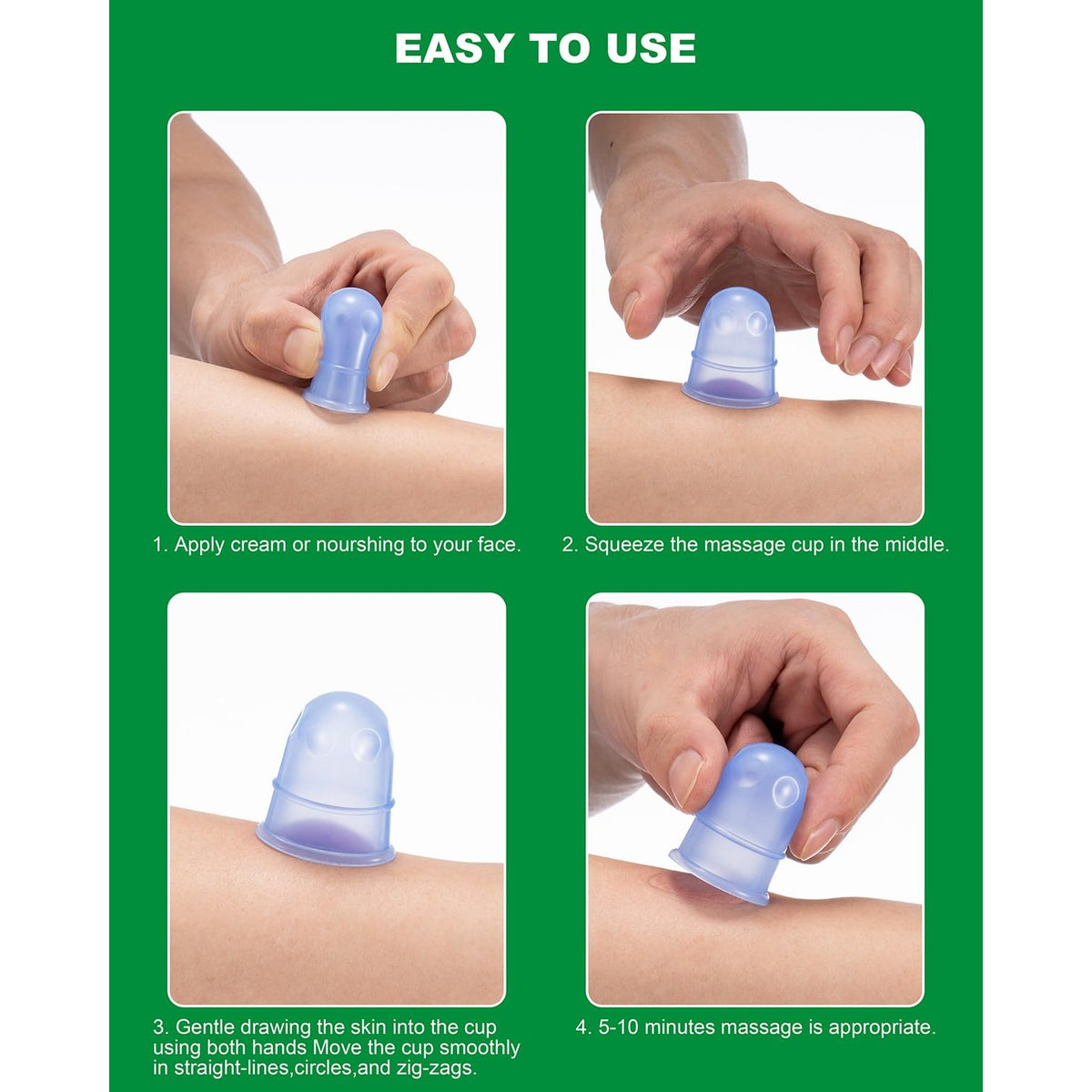 High-quality silicone cupping therapy set demonstrating easy application steps. Available at Curat Cart for effective skincare.