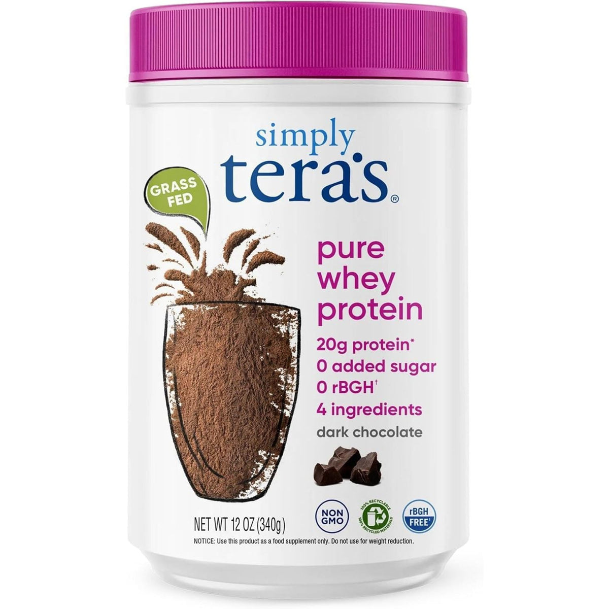 Simply Tera's pure whey protein powder in dark chocolate flavor, verified by CuratCart for quality assurance.