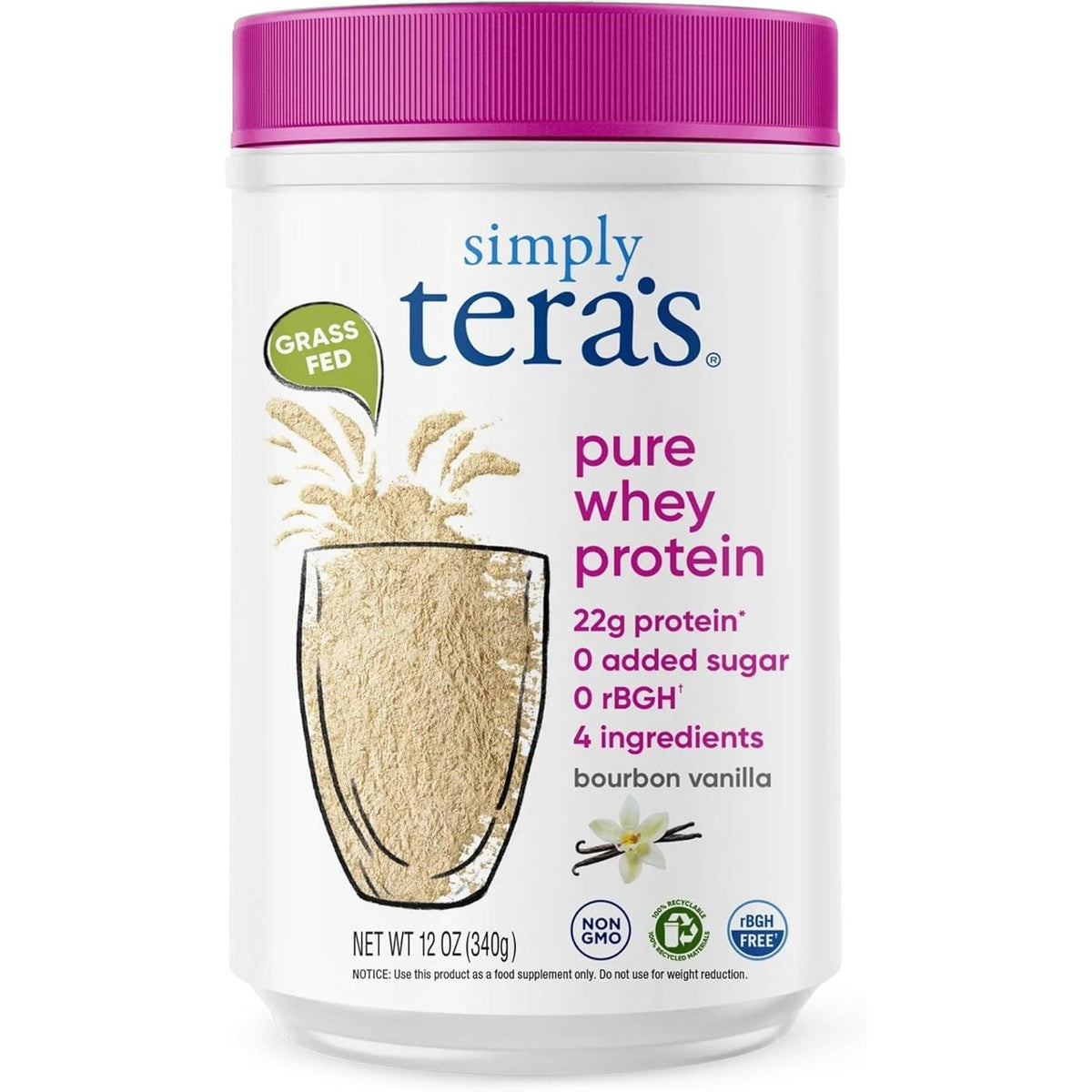 Authentic Tera's Pure Whey Protein Powder offers 22g protein, no added sugar, and is grass-fed for quality assurance.