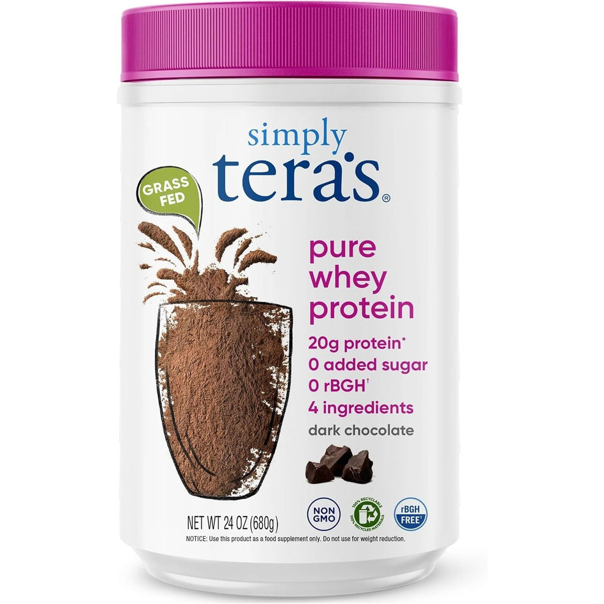 Premium imported Tera's Pure Whey Protein in dark chocolate flavor, featuring 20g protein and 0 added sugar.