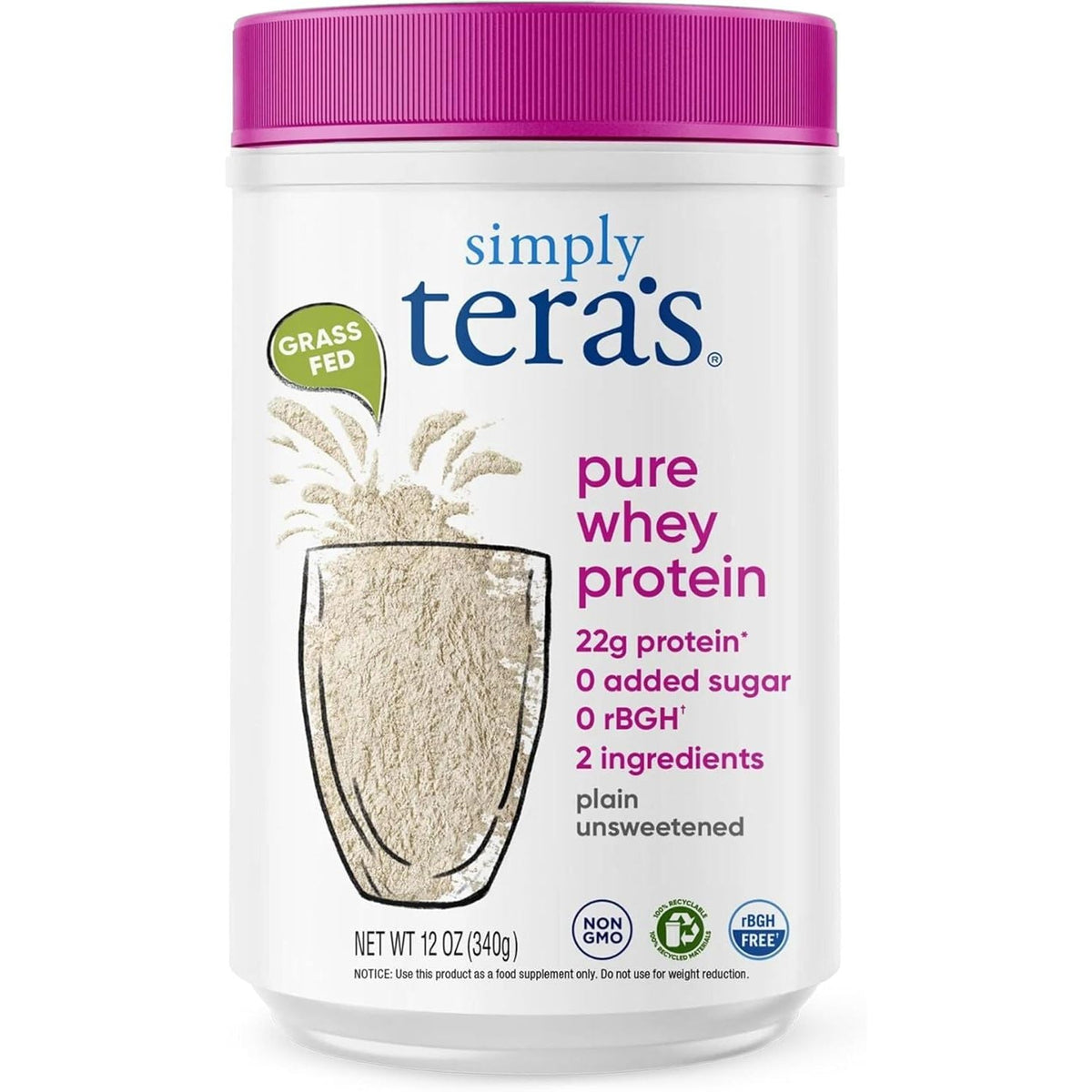 Simply Tera's pure whey protein in a 12 oz container, featuring 22g protein, no sugar, and grass-fed ingredients.