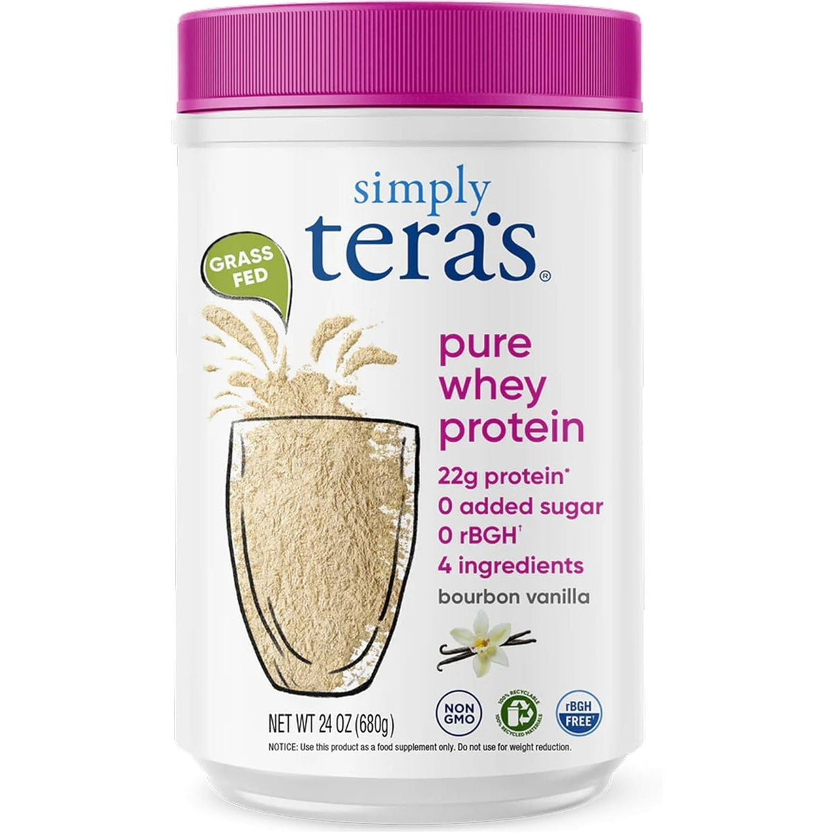 Discover Tera's Pure Whey Protein Powder, 100% genuine, with 22g protein, no added sugar, and crafted from grass-fed sources.