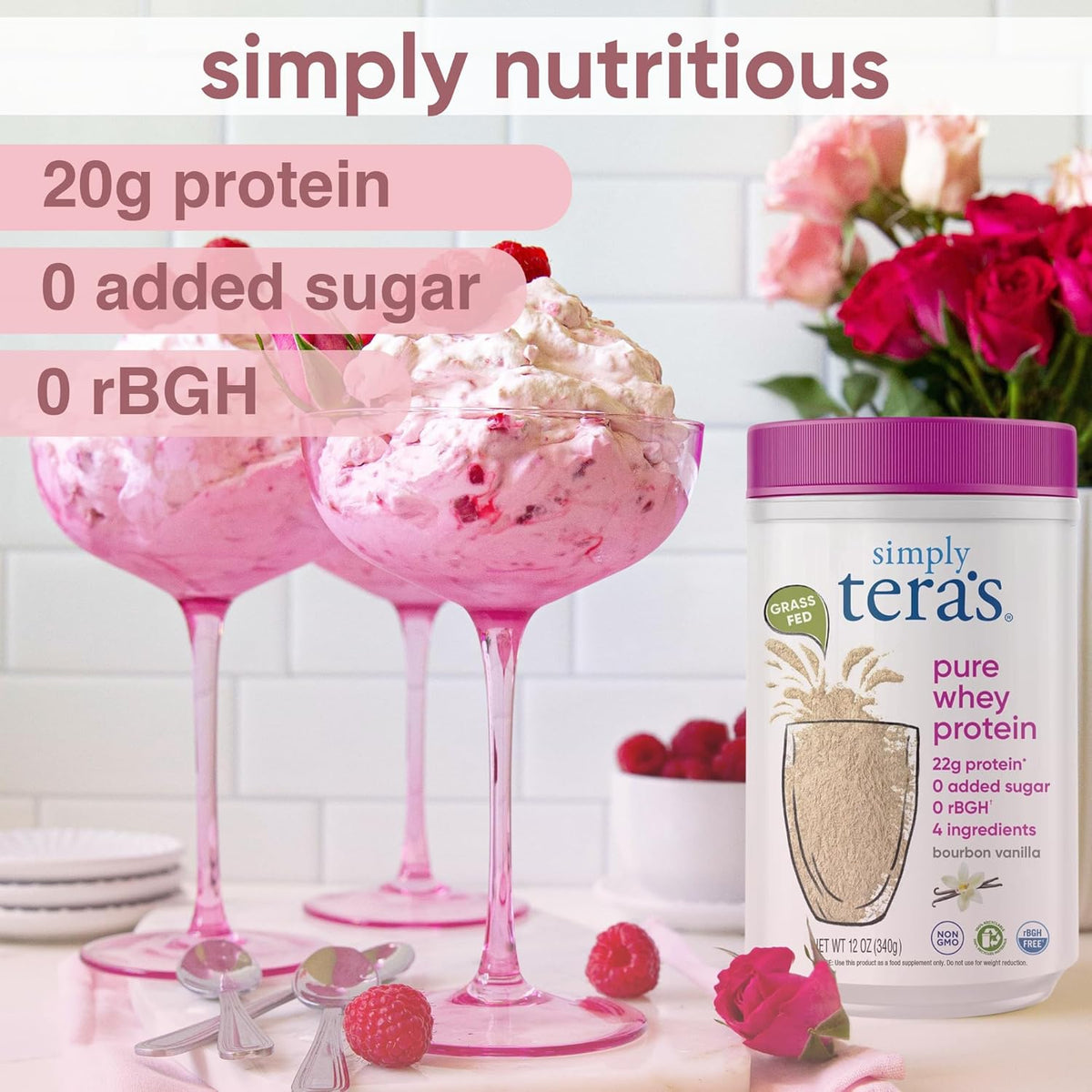 Premium imported Tera's Pure Whey Protein offers 22g protein, 0 added sugar, and 4 ingredients for nutritious desserts.