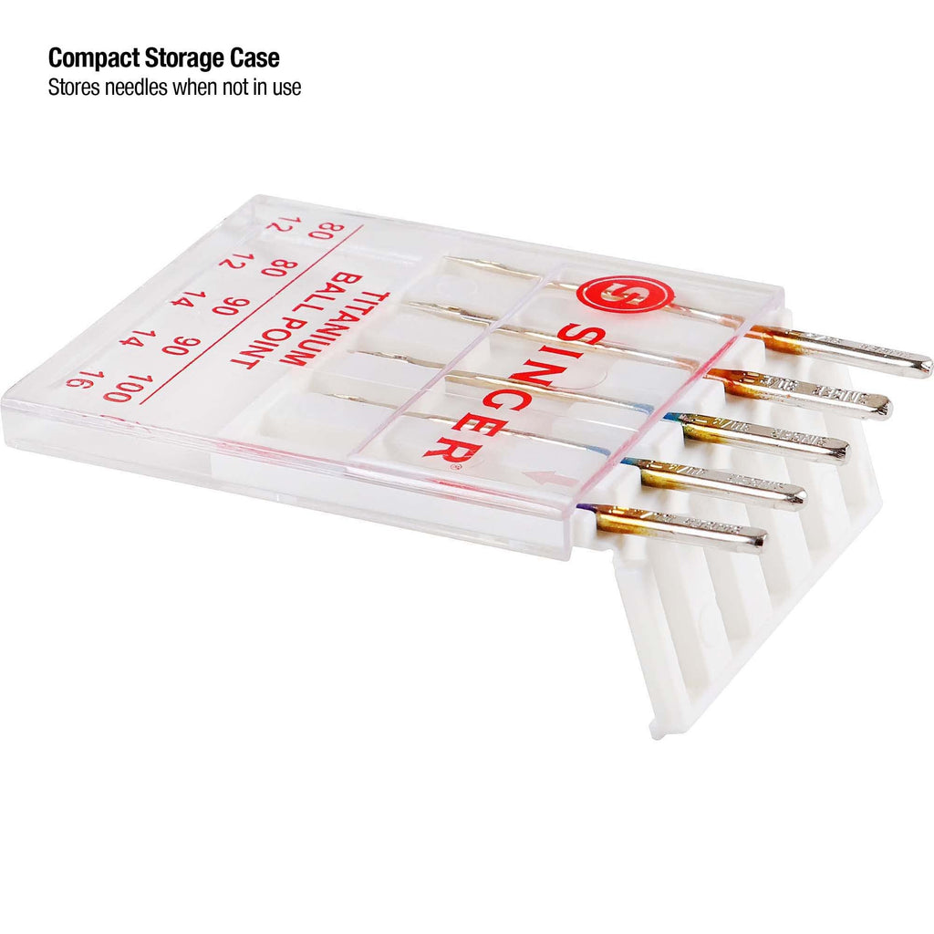 SINGER Titanium Ball Point Needles in official compact storage case, ensuring easy organization. Available at Curat Cart.