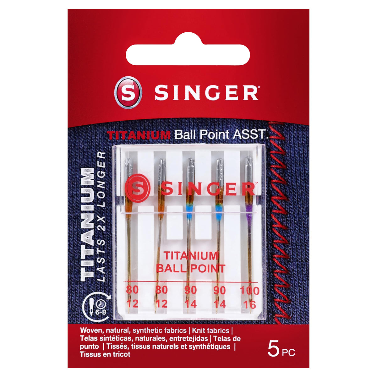 Discover SINGER Titanium Ball Point Needles, premium imports perfect for knit and synthetic fabrics, available at Curat Cart.