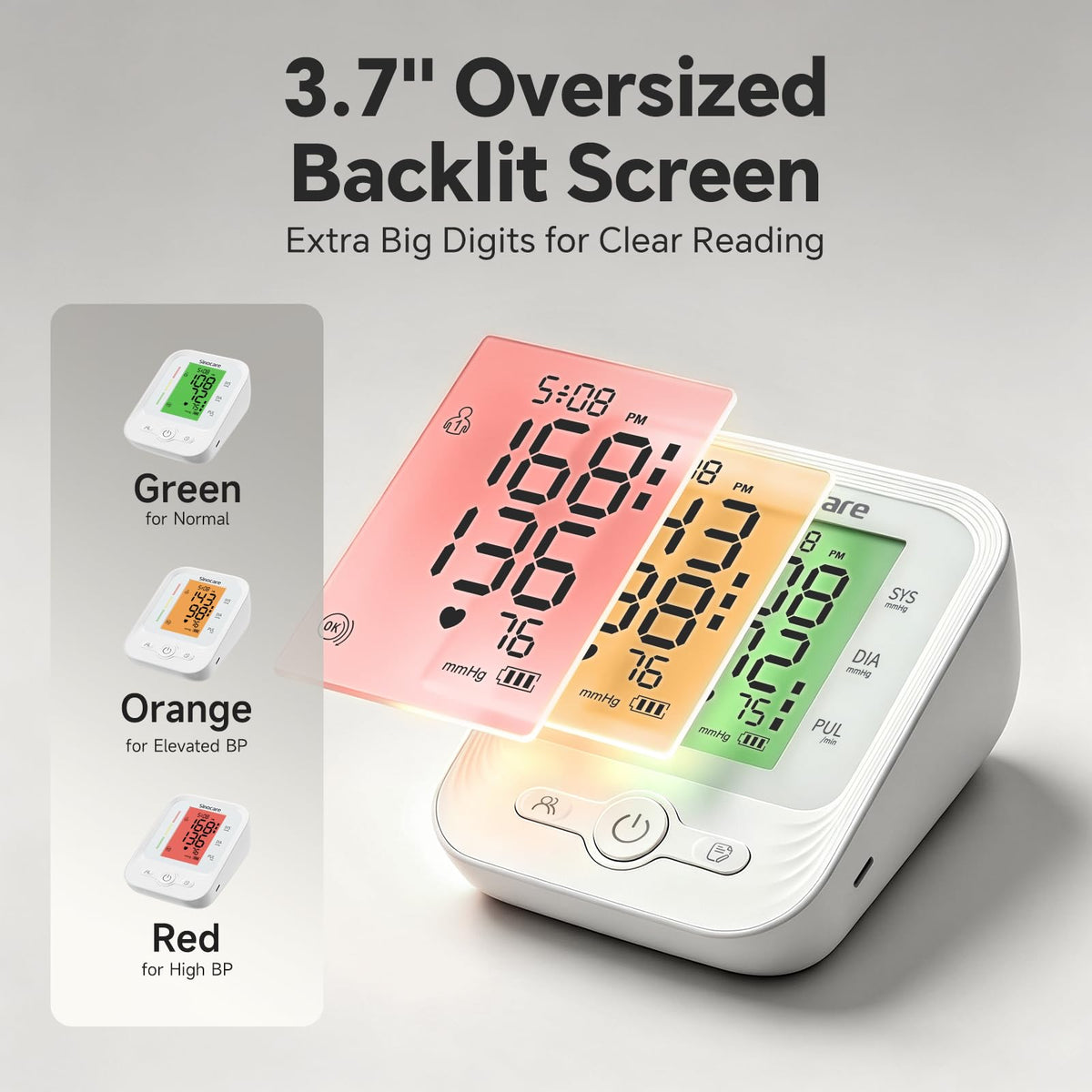 Sinocare Blood Pressure Monitor features an oversized backlit screen with clear readings, packaged in high-quality material at Curat Cart.
