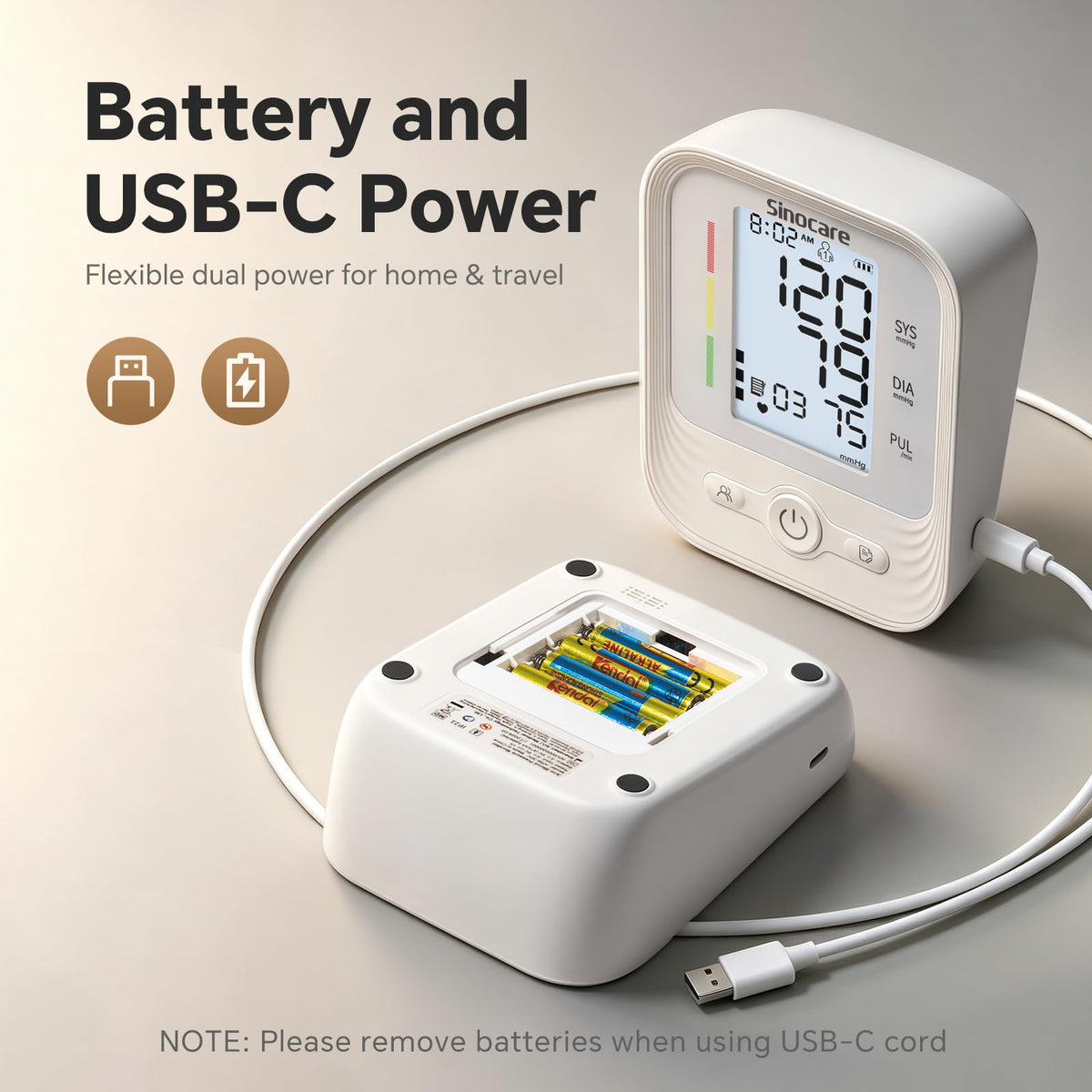 Premium imported Sinocare Blood Pressure Monitor with dual power options for home and travel, available at Curat Cart.