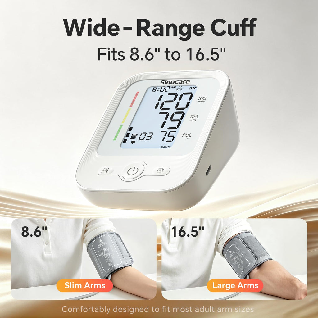 Sinocare Blood Pressure Monitor offers wide-range cuff fitting 8.6" to 16.5", specially curated by Curat Cart for precise health tracking.