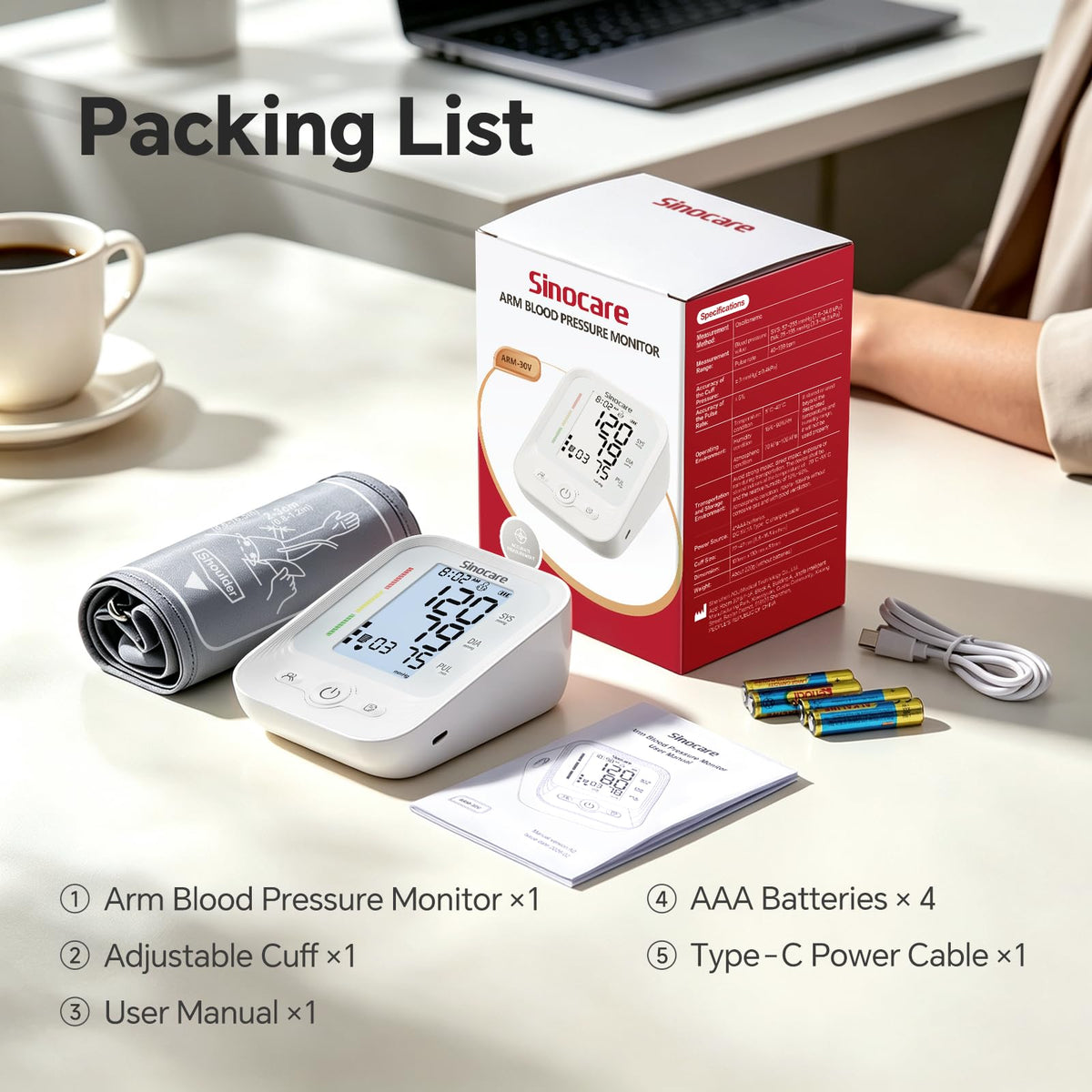 Sinocare Blood Pressure Monitor in official packaging, includes cuff, batteries, and manual. Available at Curat Cart.