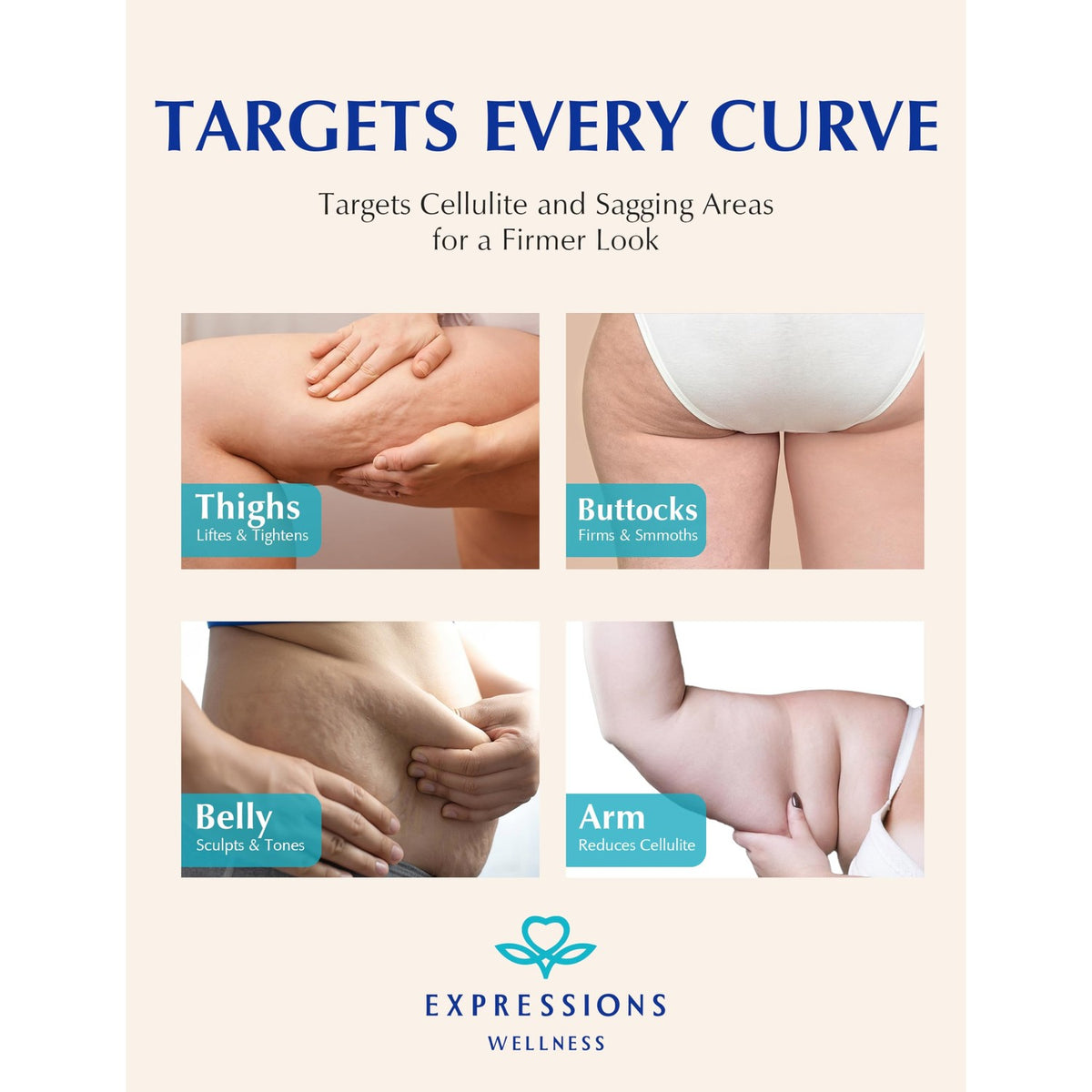 Premium imported cellulite cream targeting thighs, buttocks, belly, and arms for a firmer, smoother appearance.