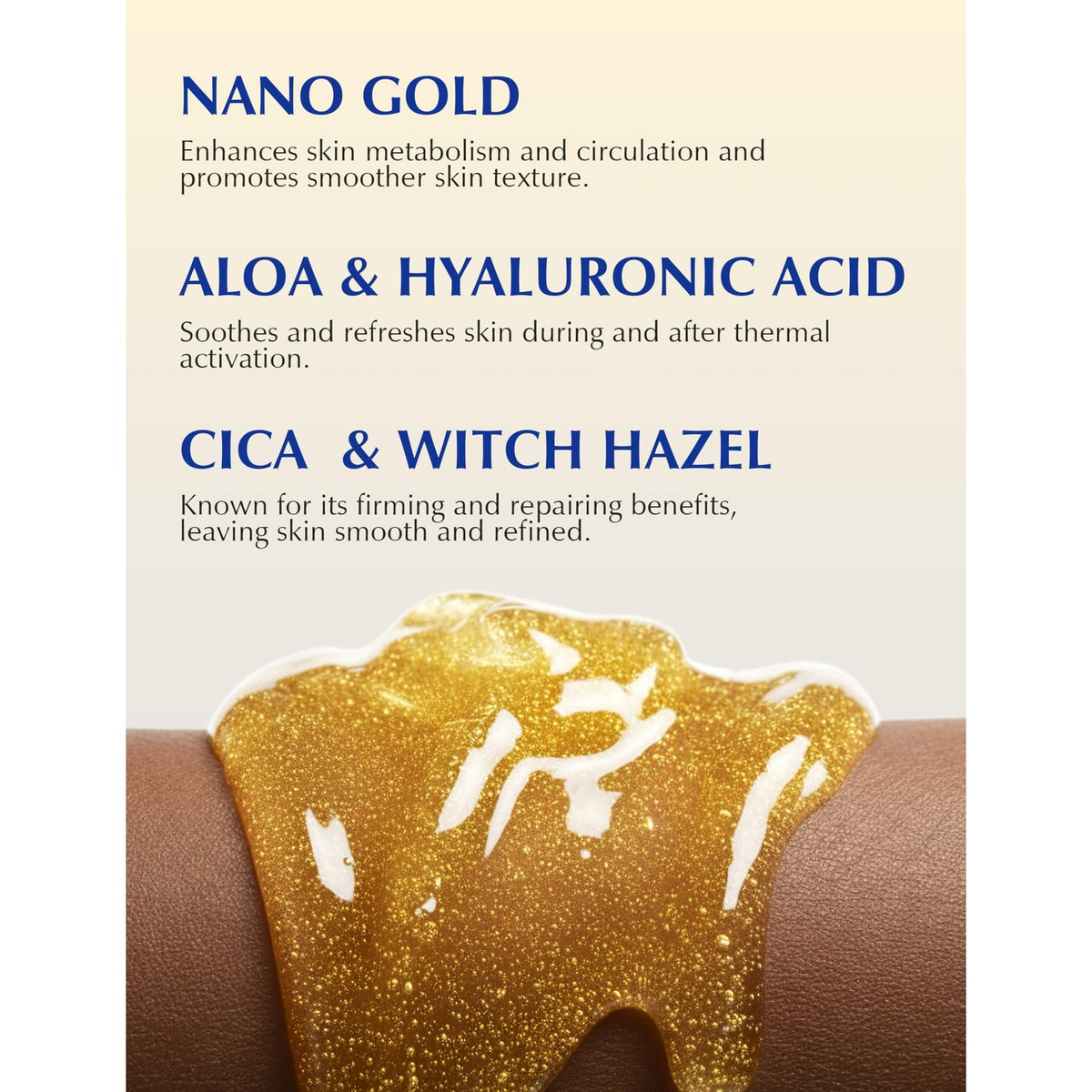 Official Skin Tightening Cellulite Cream showcasing Nano Gold, Aloe, Hyaluronic Acid, Cica, and Witch Hazel for smoother skin.