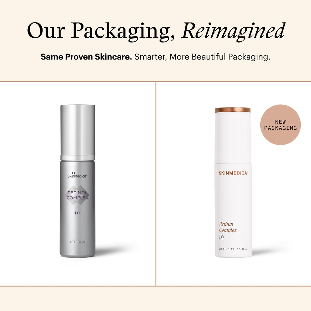 SkinMedica Retinol Serum 1.0 Complex in updated packaging. Available for order online. Enhance your skincare routine today!