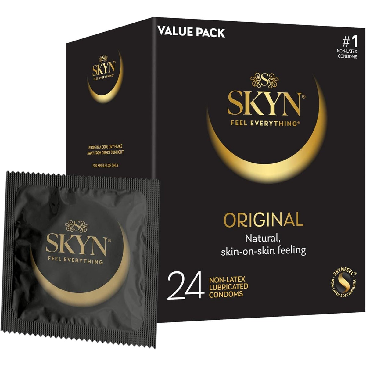 Premium imported SKYN Original condoms offer a natural skin-on-skin feeling. Enjoy 24 non-latex lubricated condoms.