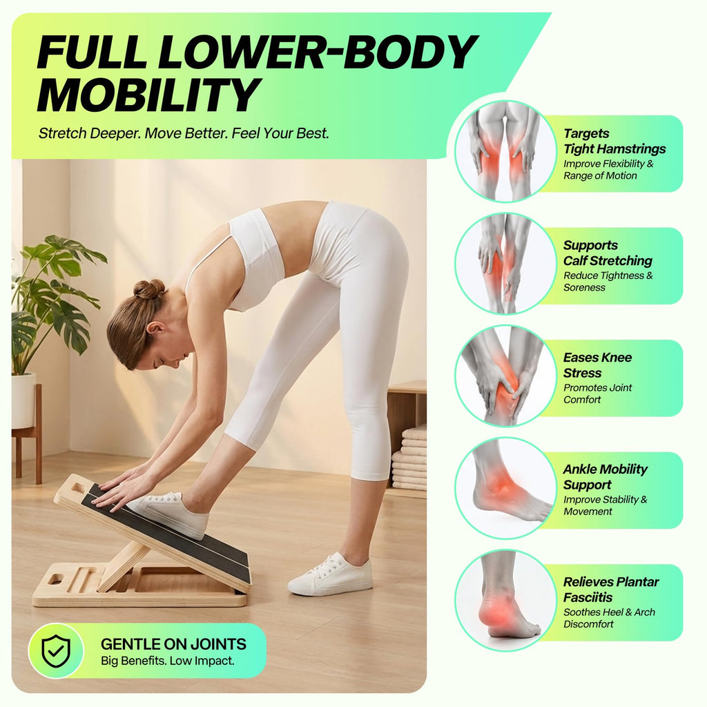 Adjustable calf stretch board with official packaging, designed for deep stretching and improved mobility. Available at Curat Cart.