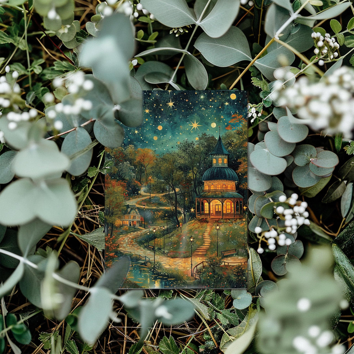 Explore the SLAPAFLIFE Blank Greeting Cards, specially curated by Curat Cart, adorned with enchanting night scene designs. Perfect for any occasion.