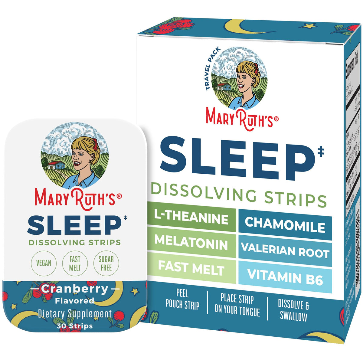 Discover MaryRuth's Sleep Dissolving Strips, a premium import featuring chamomile, melatonin, and valerian root, available at Curat Cart.
