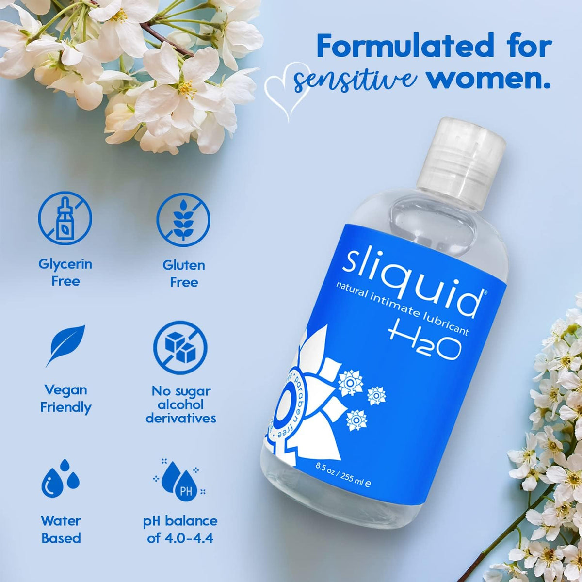Sliquid H2O Water Based Lube, formulated for sensitive women. Verified by CuratCart for quality and trust.