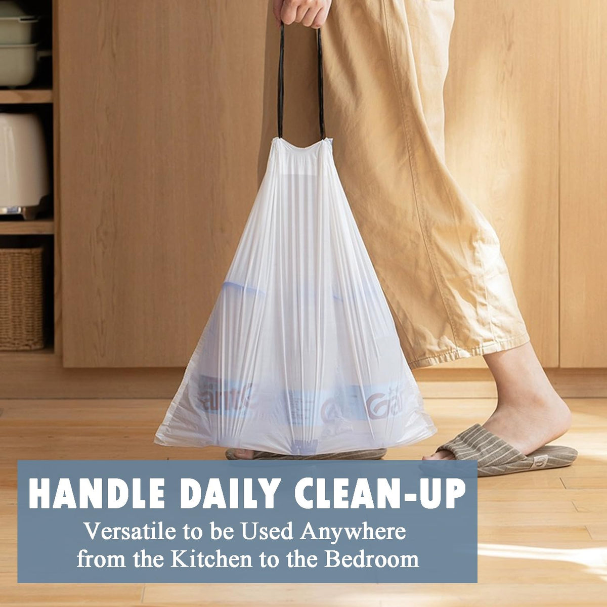 Premium imported small trash bags with drawstring, perfect for versatile clean-up from Curat Cart. Ideal for every room.