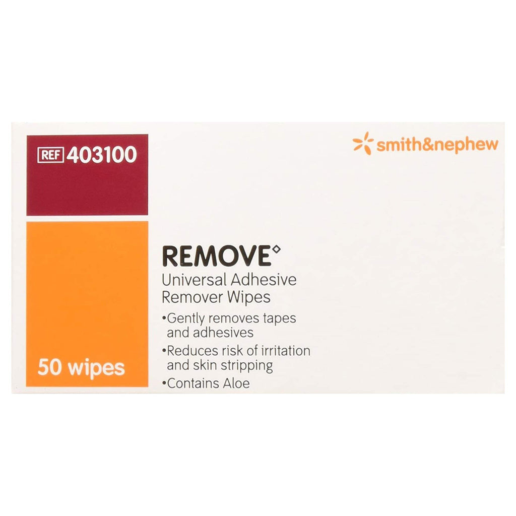 Smith and Nephew Adhesive Remover Wipes in official packaging, gently removes adhesives while reducing skin irritation. Available at Curat Cart.