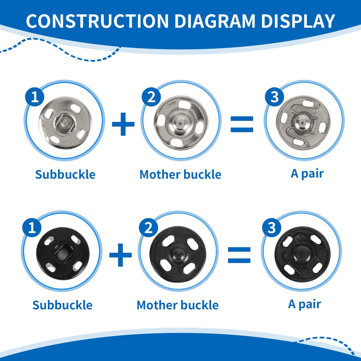 Explore the Snap Button Kit for Sewing, specially curated by Curat Cart, showcasing construction details for perfect sewing results.
