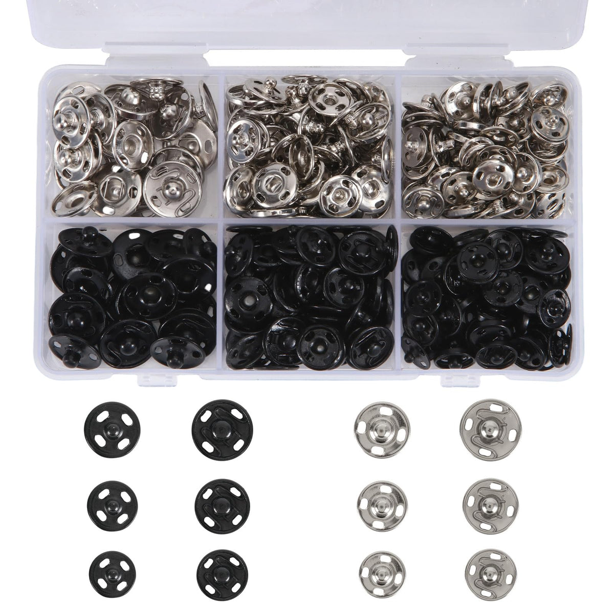 Premium imported Snap Button Kit for Sewing featuring multiple black and silver buttons, available at Curat Cart.
