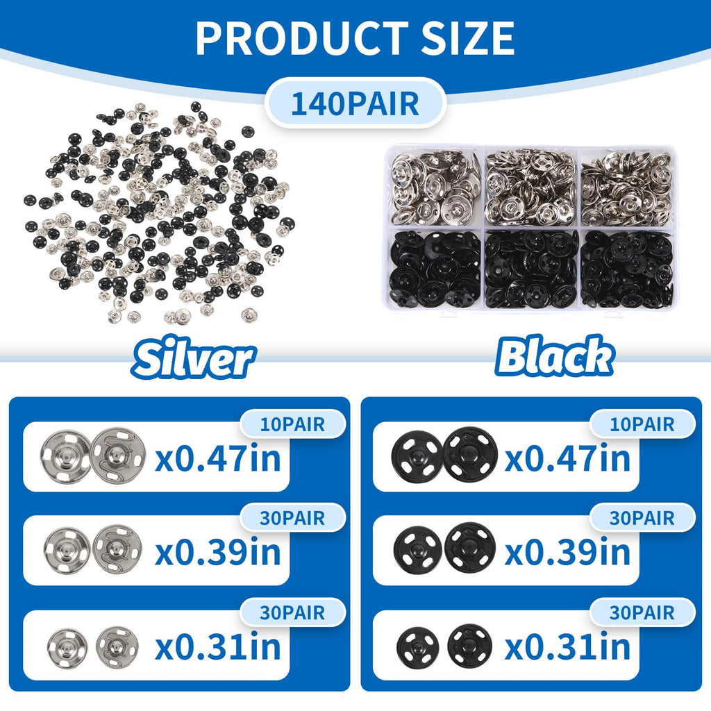 Premium snap button kit for sewing in official packaging, featuring 140 pairs in silver and black. Available at Curat Cart.