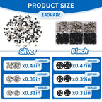 Premium snap button kit for sewing in official packaging, featuring 140 pairs in silver and black. Available at Curat Cart.