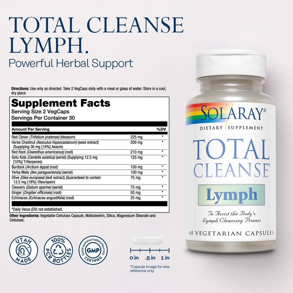 Solaray Total Cleanse Lymph offers powerful herbal support in 60 vegetarian capsules. 100% Authentic, available at Curat Cart in India.