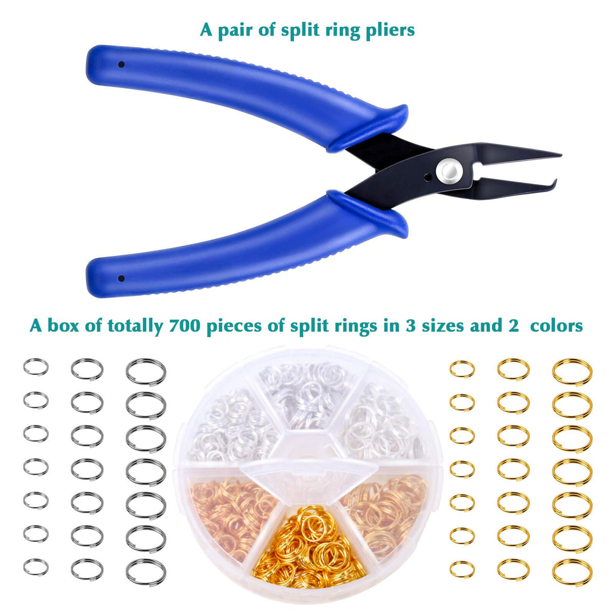 Caffox Split Rings for Jewelry Making, includes 700 pieces in 3 sizes and 2 colors. 100% Authentic, available at Curat Cart.