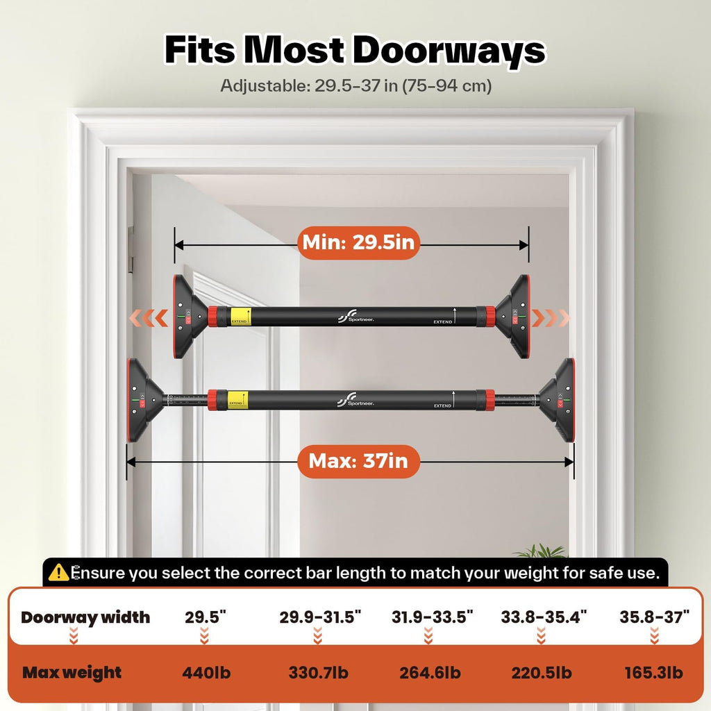 Sportneer Pull Up Bar fits most doorways, adjustable for a premium imported workout experience. Available at Curat Cart.