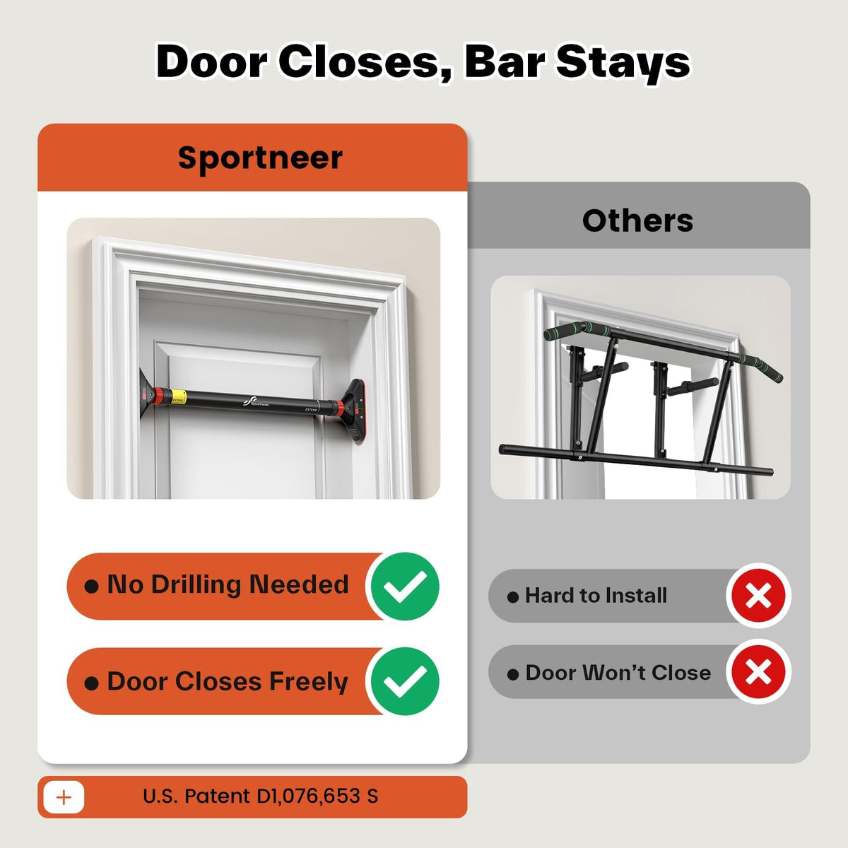 Sportneer Pull Up Bar shown in official packaging, highlighting no drilling needed and easy door closure. Available at Curat Cart.