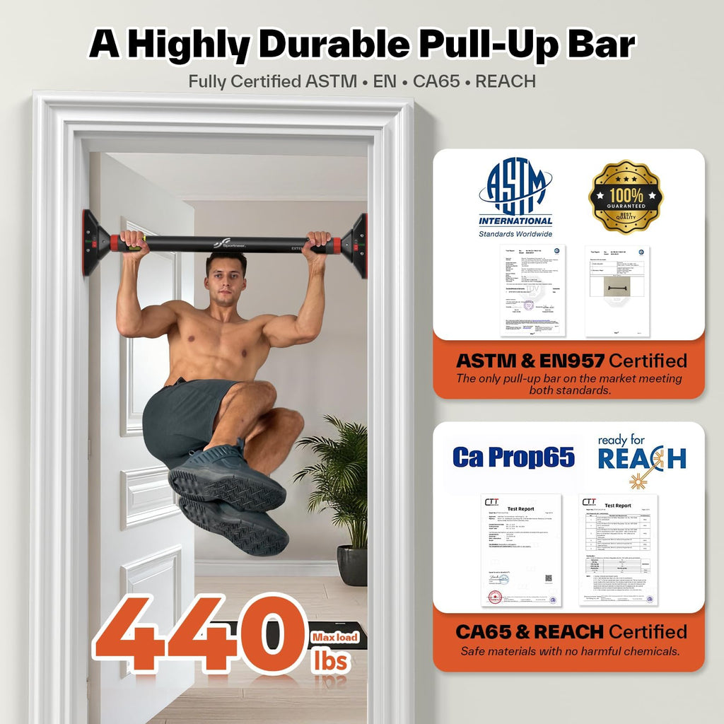 Sportneer Pull Up Bar showcased by Curat Cart, supports 440 lbs, fully certified and perfect for home workouts.