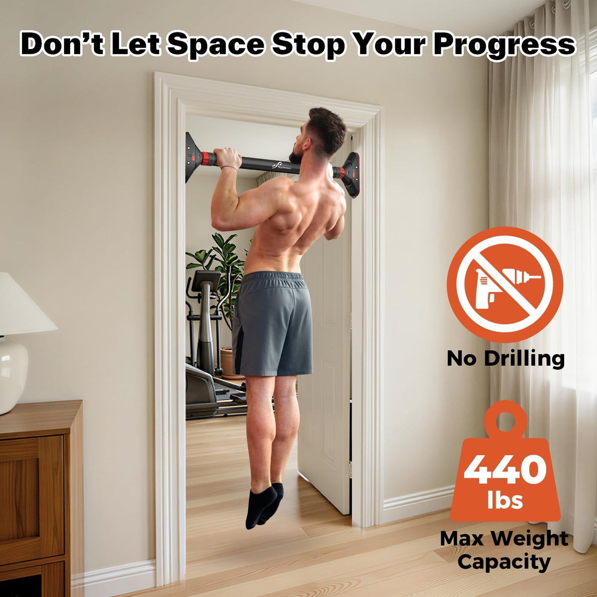 Sportneer Pull Up Bar enables home workouts with 440 lbs capacity, no drilling required. 100% Authentic, available at Curat Cart.