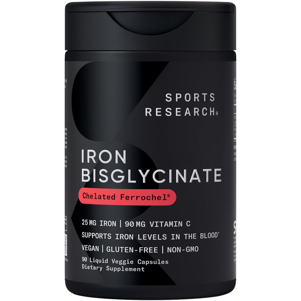 Discover Sports Research Iron Bisglycinate, a premium imported supplement that supports iron levels in the blood. Available at Curat Cart.