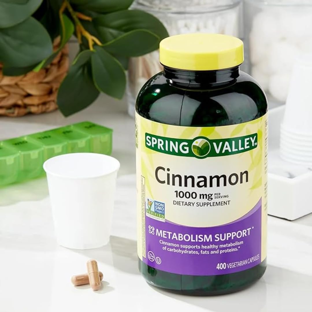 Spring Valley Cinnamon Supplement in high-quality packaging, supports metabolism with 1000 mg per serving. Available at Curat Cart.