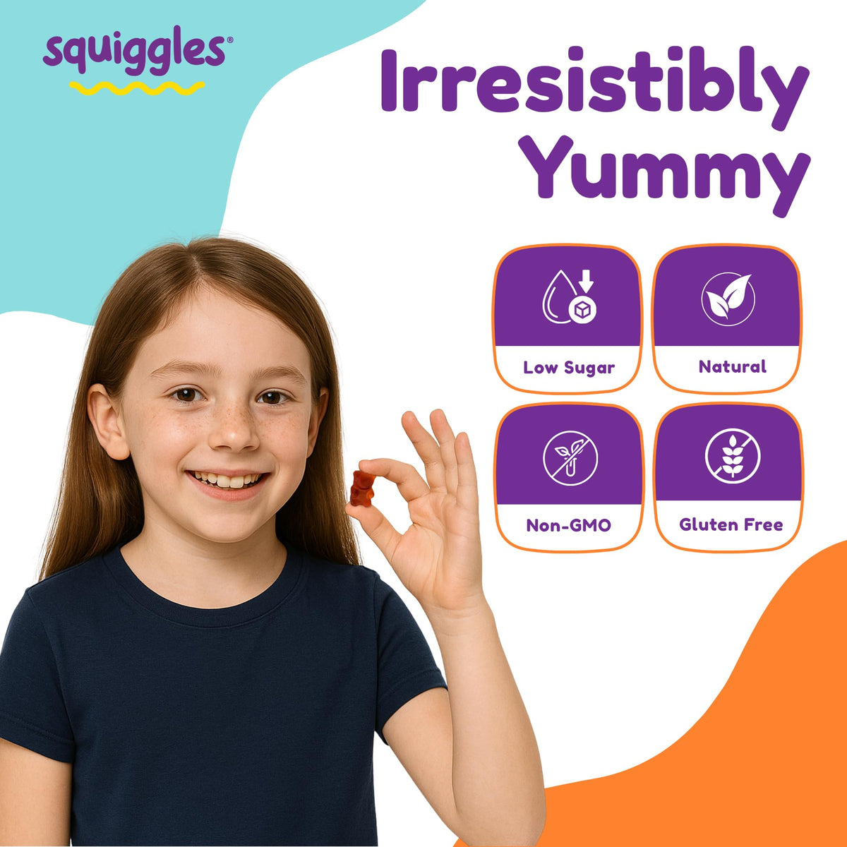 Squiggles Kids Multivitamin Gummies, a premium import, featuring low sugar, natural ingredients, and gluten-free benefits from Curat Cart.