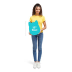 A girl in a yellow shirt holds a 12-inch Squishmallow, showcasing its cuddly design. Verified by CuratCart for quality.