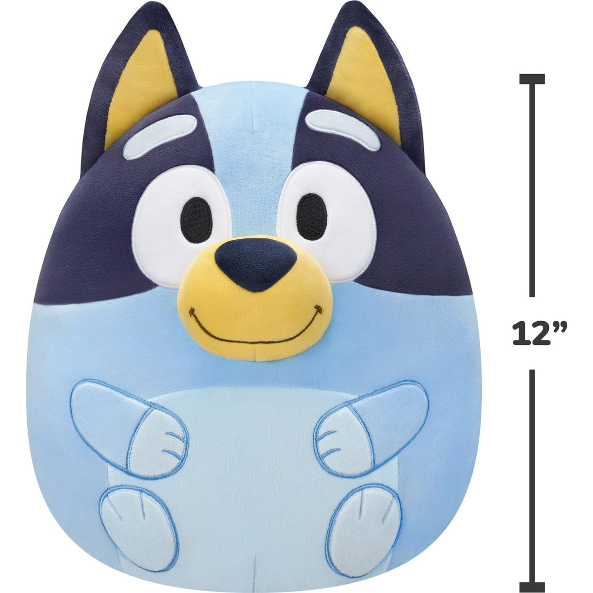 Official Squishmallows 12-inch Bluey plush toy. Soft, huggable design featuring Bluey's happy face and blue colors.