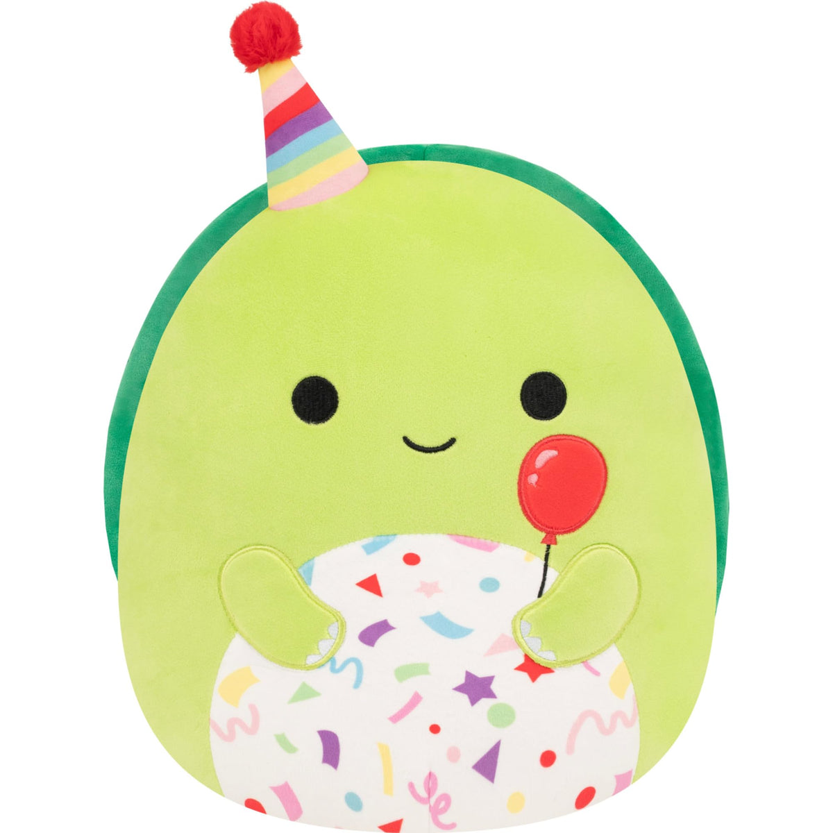Meet Colin the Co, a 12in green Squishmallow with a festive hat, holding a balloon, perfect for cuddles! Verified by CuratCart.