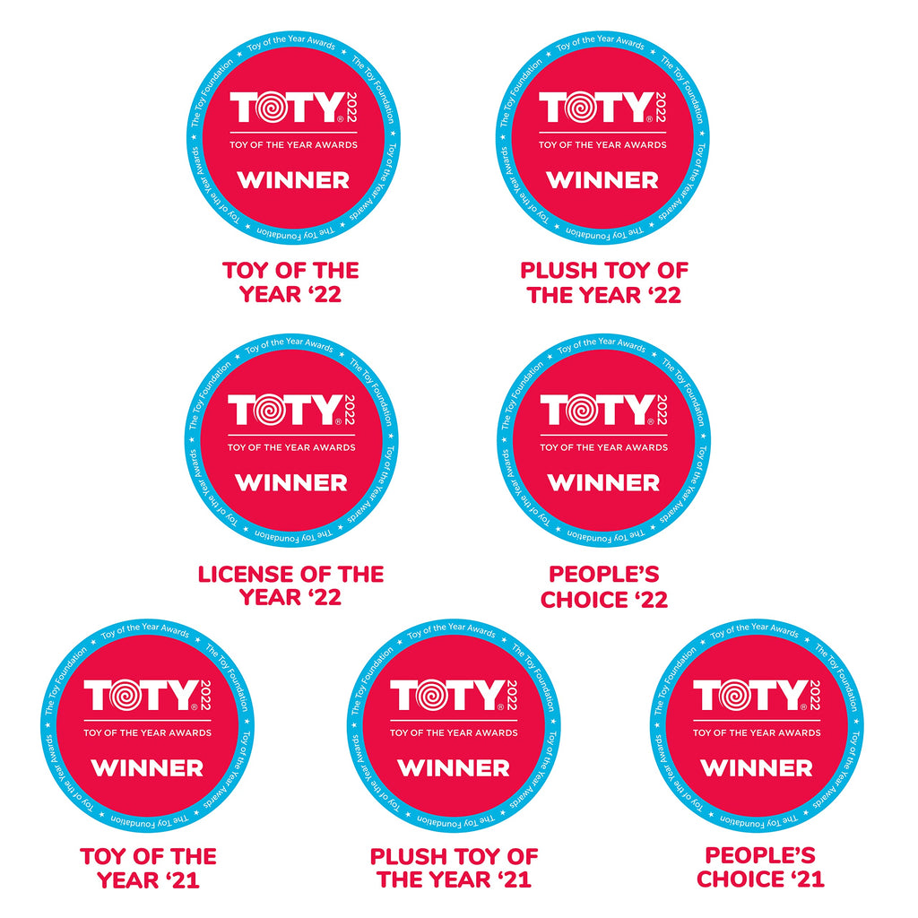 Array of award seals for Squishmallows, highlighting its 2021 and 2022 accolades including Toy of the Year.