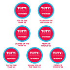Array of award seals for Squishmallows, highlighting its 2021 and 2022 accolades including Toy of the Year.