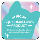 Authentic Squishmallows logo; highlights genuine product with a vibrant holographic background design.