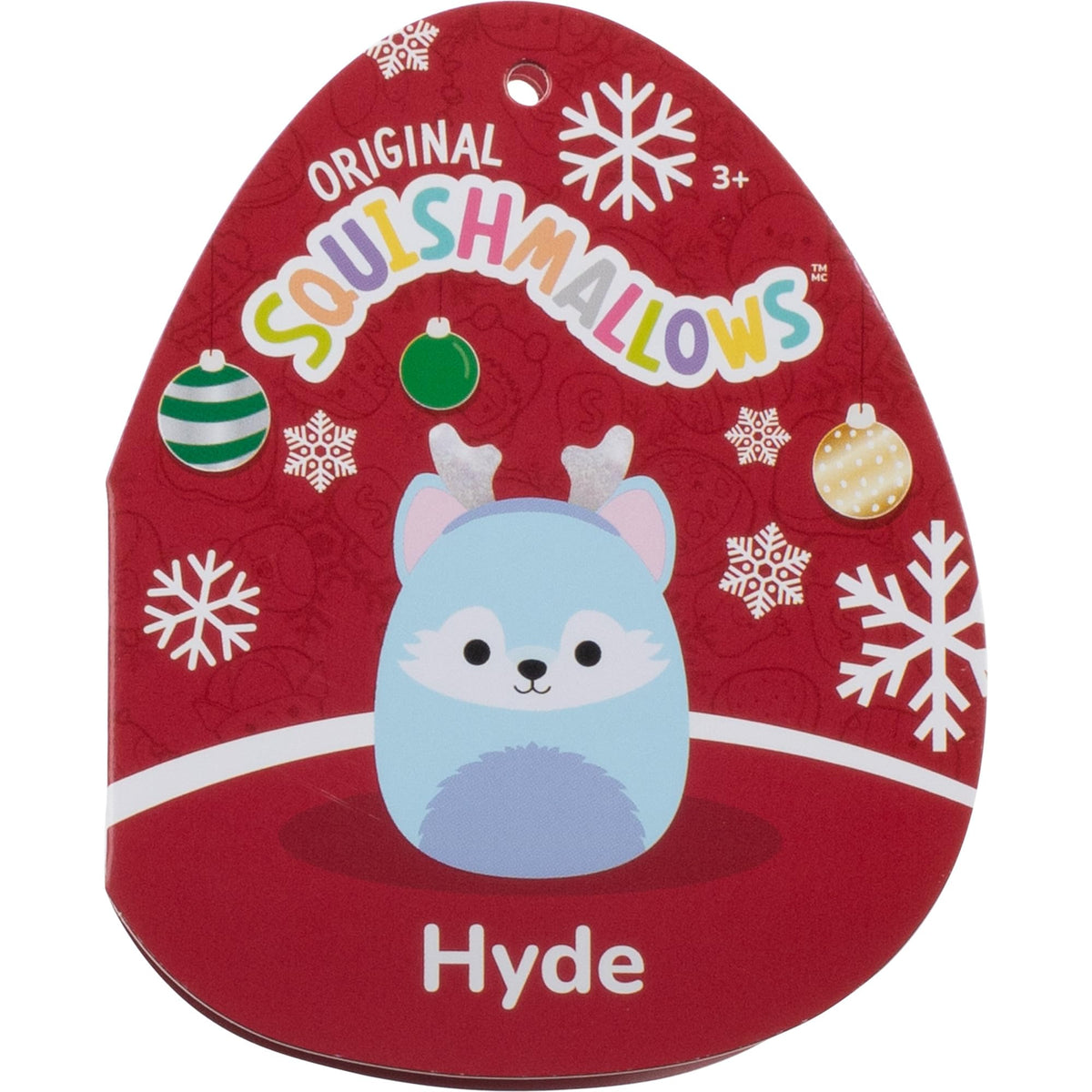Official Squishmallows tag featuring a cute blue hyde character, festive snowflakes, and a holiday theme.