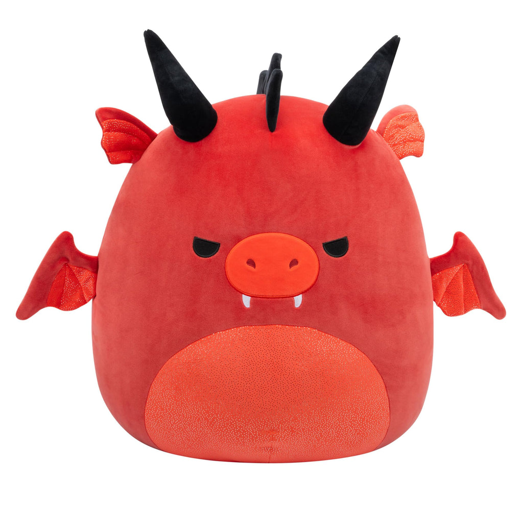 100% genuine Squishmallows 20-inch Salami Re, a soft, cute plush red dragon with black horns and wings.
