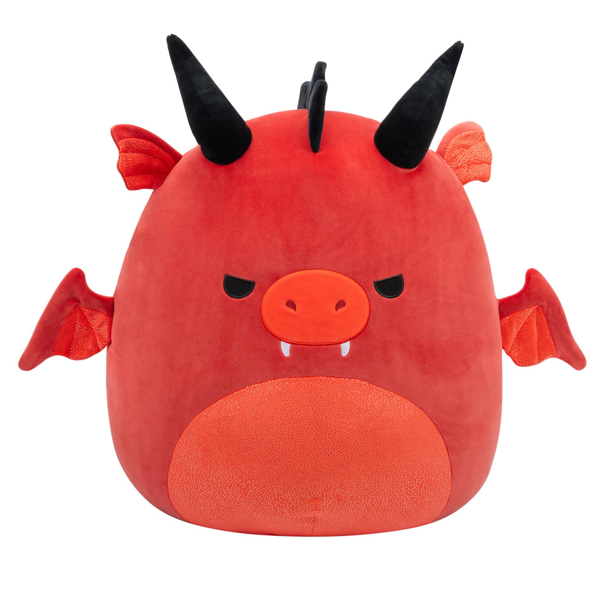 100% genuine Squishmallows 20-inch Salami Re, a soft, cute plush red dragon with black horns and wings.